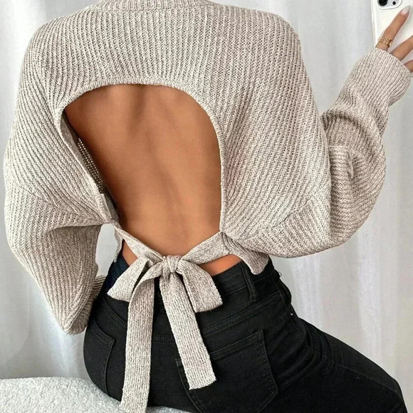 Apricot Sexy Women's Backless High-Neck Sweater With Knotted Tie - Picture 4 of 6